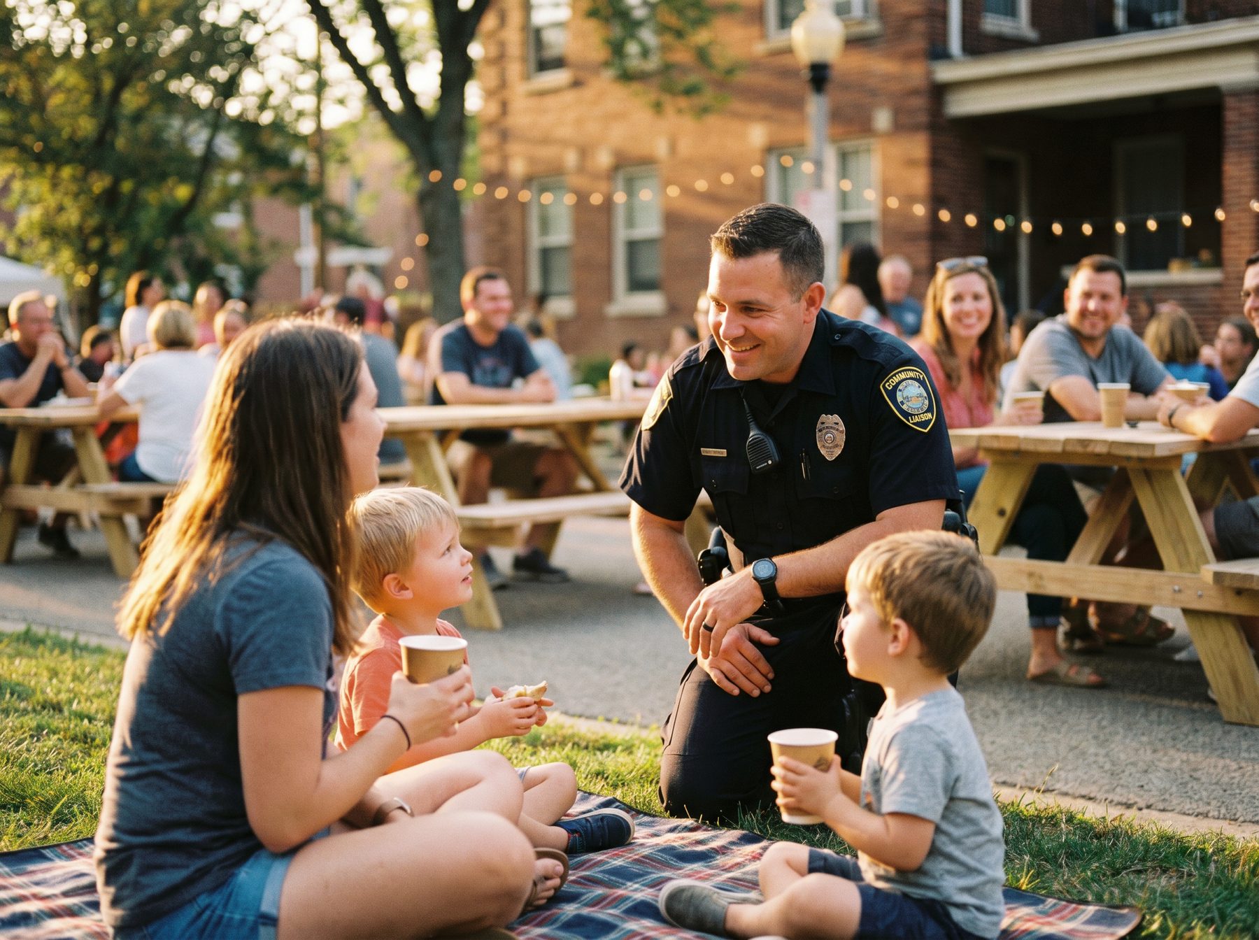 A police officer kneeling on grass having a warm conversation with a family at a small-town community block party.