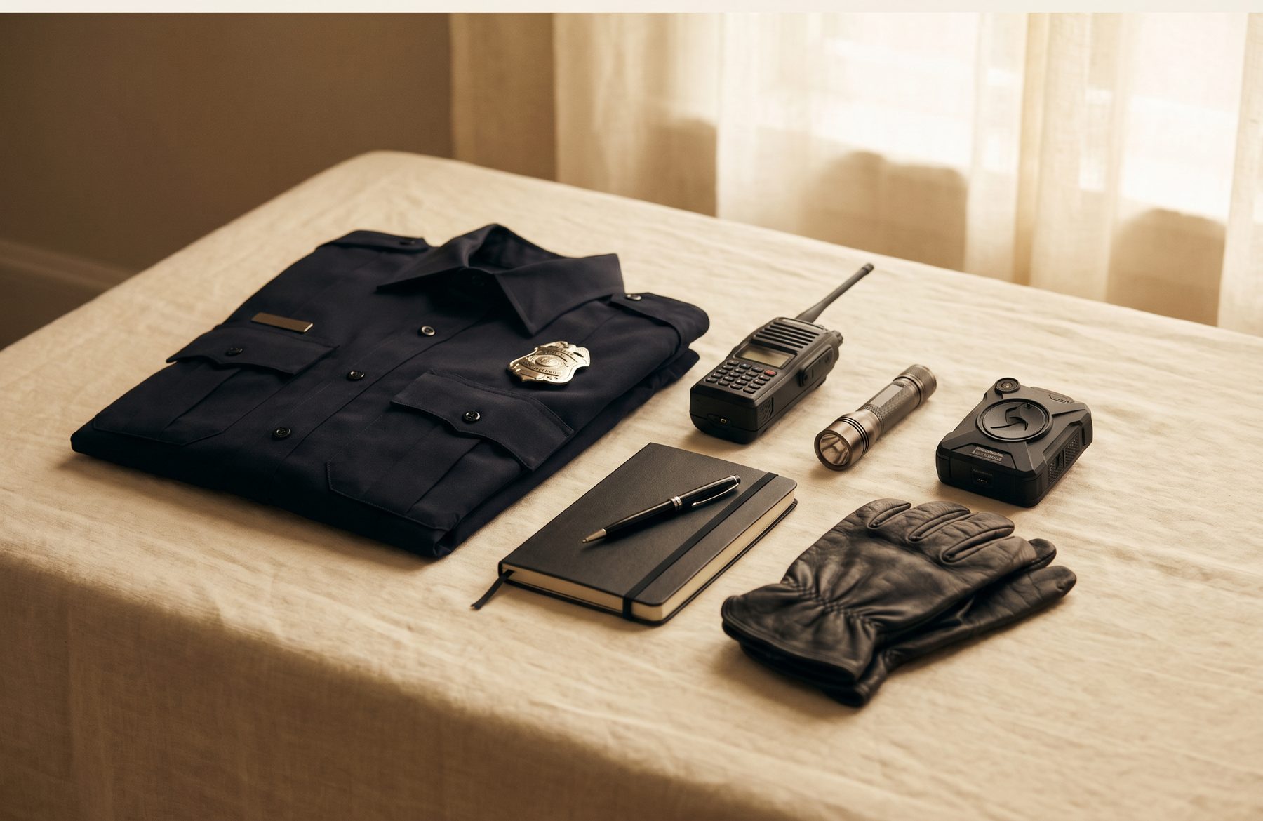A folded navy police uniform, portable radio, flashlight, body-worn camera, and gloves arranged on ivory linen.