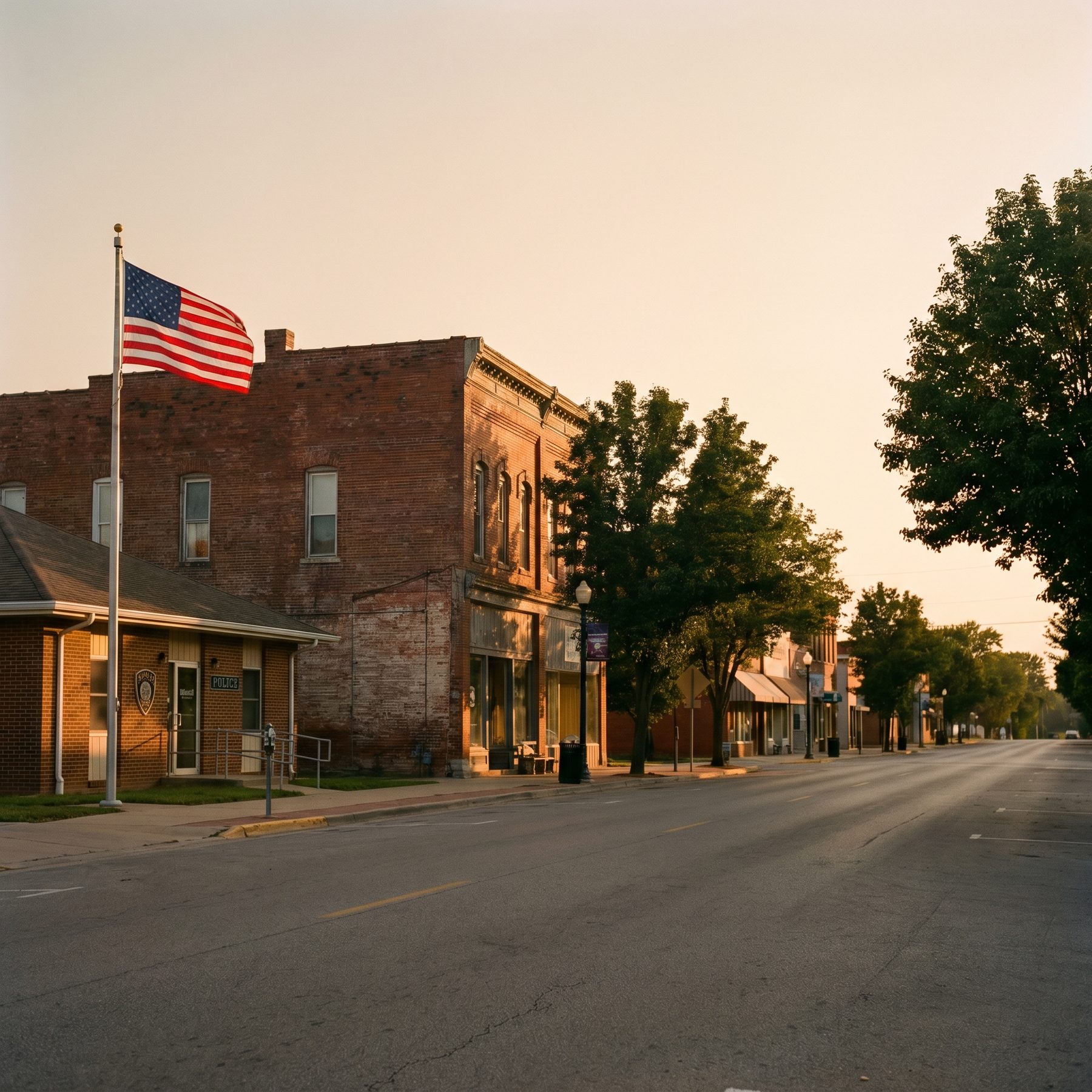 A quiet small-town Main Street at dusk with a brick police station and American flag.